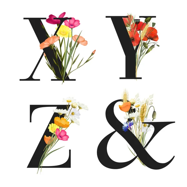 Set Floral Letters Colorful Summer Wildflowers Poppies Chamomiles Cornflowers Isolated — Photo