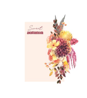 Frame decorated by watercolor autumn flowers (dahlia, amaranth), autumn card design