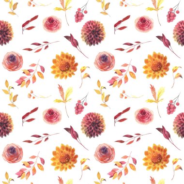 Seamless patterns of watercolor autumn plants (flowers, leaves, branches and berries), fall floral print, illustration on white background