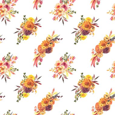 Seamless patterns of watercolor autumn flower arrangements, fall floral print, illustration on white background
