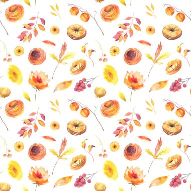 Seamless patterns of watercolor autumn plants (flowers, leaves, physalis, branches and berries), fall floral print, illustration on white background