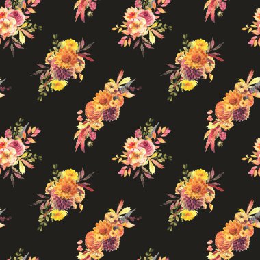 Seamless patterns of watercolor autumn flower arrangements, fall floral print, illustration on dark background