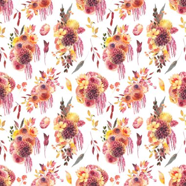 Seamless patterns of watercolor autumn flower composition, fall floral print, illustration on white background