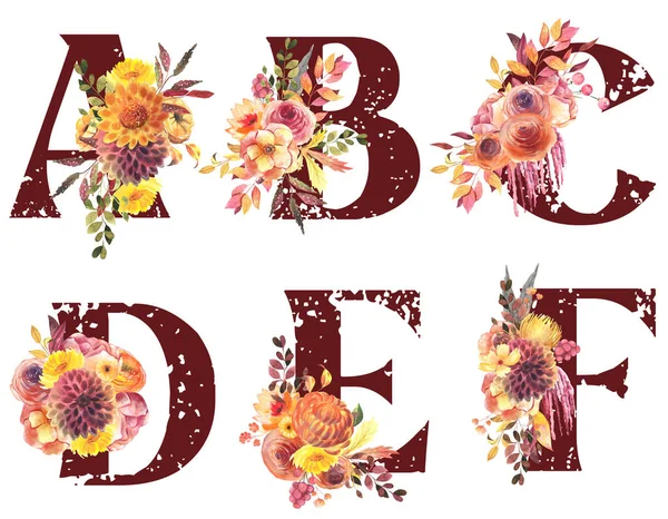 Set of floral letters A-F with autumn flowers (dahlia, asters, roses, amaranth), isolated illustration on white background, for wedding monogram, greeting and business cards, logo