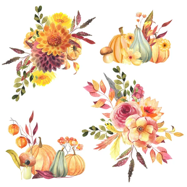 Set of watercolor fall floral compositions, autumn floral clipart, isolated illustration on white background