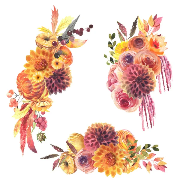 Set Watercolor Bouquets Red Yellow Autumn Flowers Roses Dahlia Asters — Stockfoto