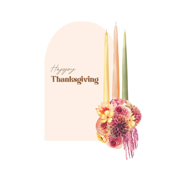 Frame Decorated Watercolor Autumn Flowers Stylish Candles Thanksgiving Card Design — Stockfoto