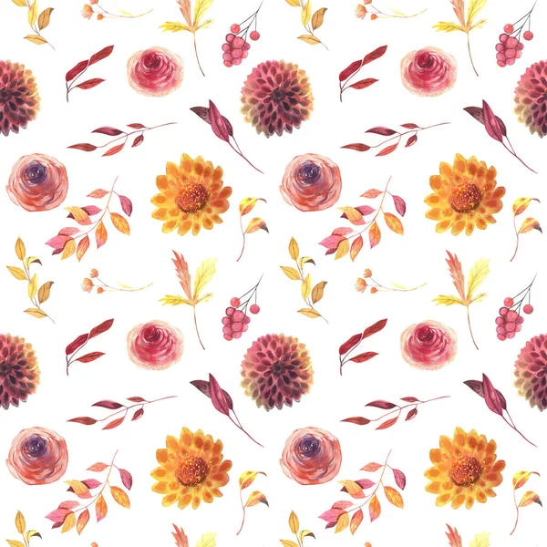 Seamless Patterns Watercolor Autumn Plants Flowers Leaves Branches Berries Fall — Stockfoto