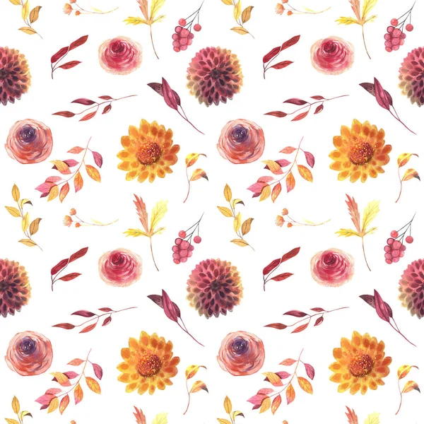 Seamless patterns of watercolor autumn plants (flowers, leaves, branches and berries), fall floral print, illustration on white background