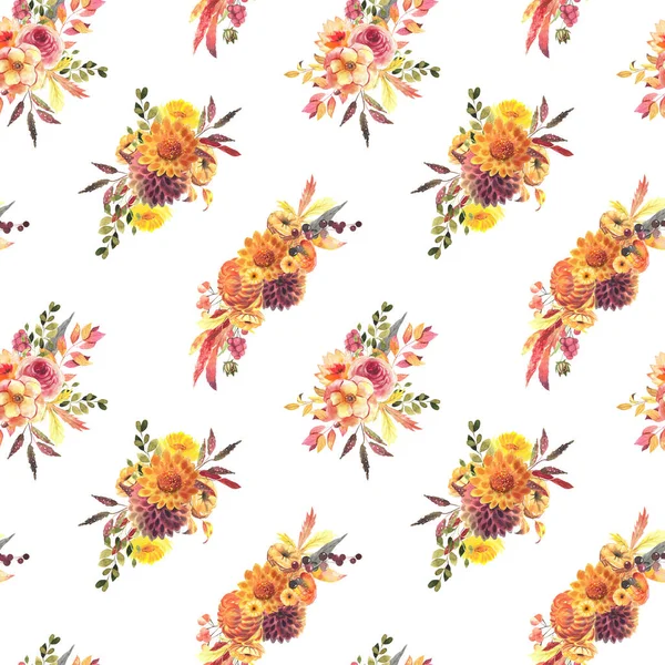Seamless patterns of watercolor autumn flower arrangements, fall floral print, illustration on white background