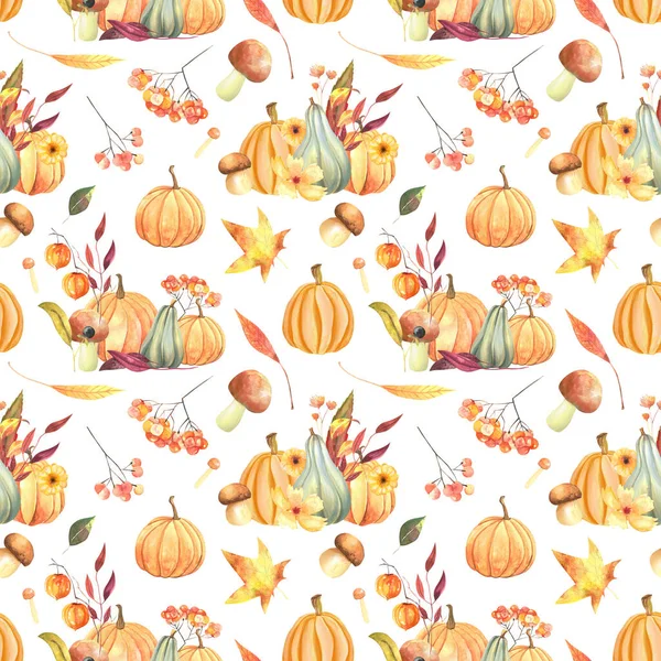 Seamless Patterns Watercolor Autumn Plants Vegetables Pumpkins Physalis Mushrooms Branches — Stockfoto