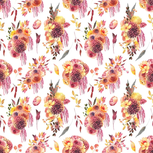 Seamless patterns of watercolor autumn flower composition, fall floral print, illustration on white background