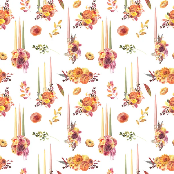 Seamless Patterns Watercolor Candles Autumn Flowers Plants Thanksgiving Print Illustration — Foto Stock