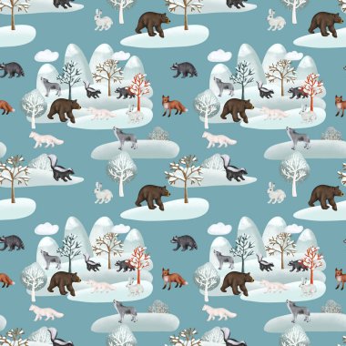 Seamless pattern of woodland animals in winter forest landscape, forest cute characters print, illustration on blue background