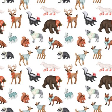 Seamless pattern of woodland animals in winter clothes, Christmas cute characters print, illustration on white background