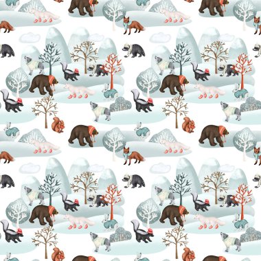 Seamless pattern of woodland animals in warm clothes in winter forest landscape, forest cute characters print, illustration on white background