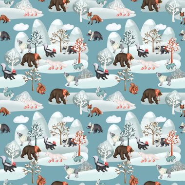 Seamless pattern of woodland animals in warm clothes in winter forest landscape, forest cute characters print, illustration on blue background