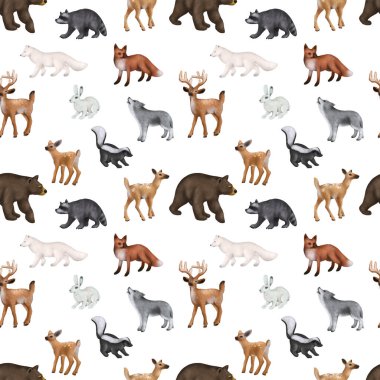 Seamless pattern of winter woodland animals, forest cute characters print, illustration on white background