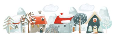 Illustration of cute cartoon snowy winter houses, mountains and trees, winter cartoon landscape, isolated illustration on a white background