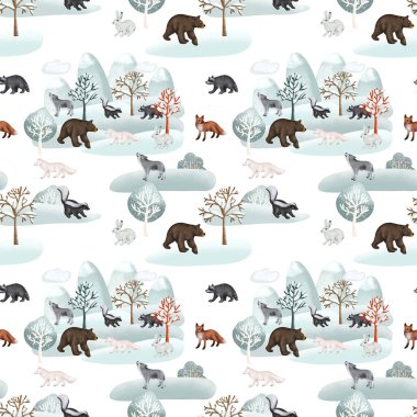 Seamless pattern of woodland animals in winter forest landscape, forest cute characters print, illustration on white background