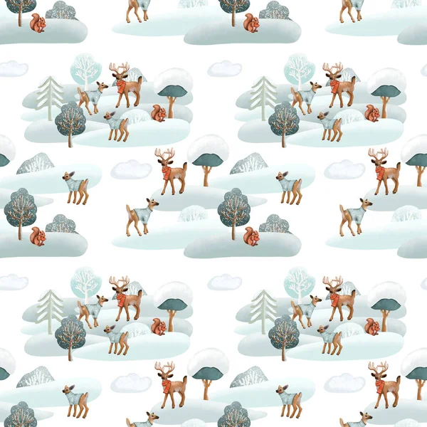 Seamless Pattern Deers Warm Clothes Winter Forest Landscape Forest Cute — Stok fotoğraf