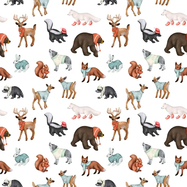 Seamless pattern of woodland animals in winter clothes, Christmas cute characters print, illustration on white background