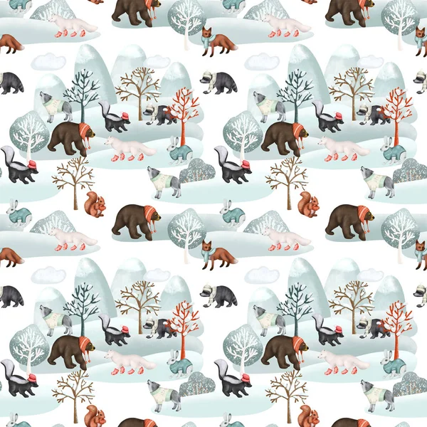 Seamless pattern of woodland animals in warm clothes in winter forest landscape, forest cute characters print, illustration on white background