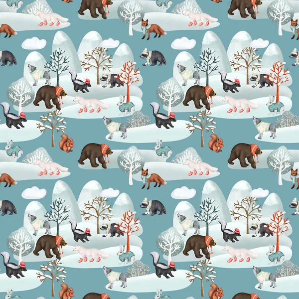 Seamless pattern of woodland animals in warm clothes in winter forest landscape, forest cute characters print, illustration on blue background