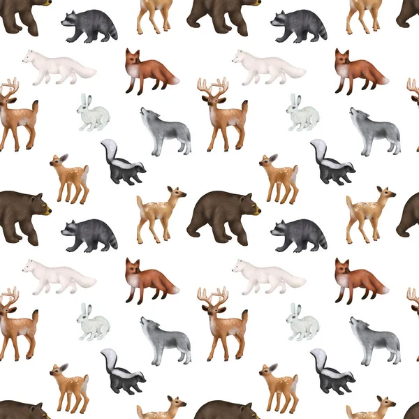 Seamless pattern of winter woodland animals, forest cute characters print, illustration on white background