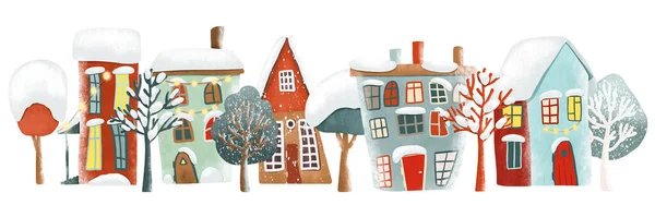 Ілюстрація Милих Мультфільмів Про Засніжені Зимові Будинки Дерева Різдвяна Кліпа — стокове фото
