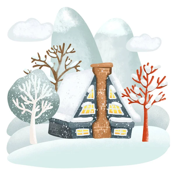 Illustration Snowy Winter House Forest Winter Cartoon Landscape Isolated Illustration — Zdjęcie stockowe