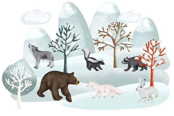 Illustration Woodland Animals Winter Forest Landscape Forest Cute Characters Illustration — Stockfoto
