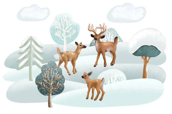 Illustration Deers Winter Forest Landscape Forest Cute Characters Illustration White — Zdjęcie stockowe