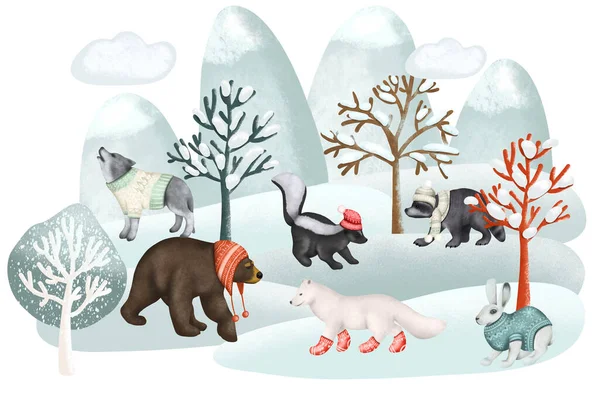 Illustration Woodland Animals Warm Clothes Winter Forest Landscape Forest Cute —  Fotos de Stock