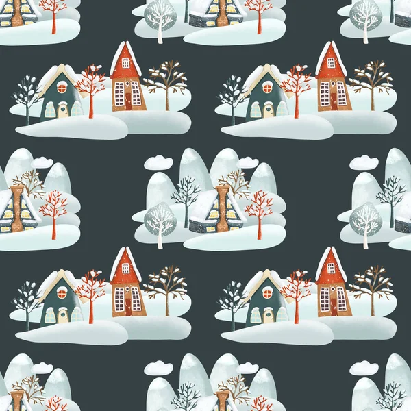 Απρόσκοπτη Μοτίβο Των Χαριτωμένα Χιονισμένα Χειμερινά Σπίτια Δέντρα Βουνά Και — Φωτογραφία Αρχείου