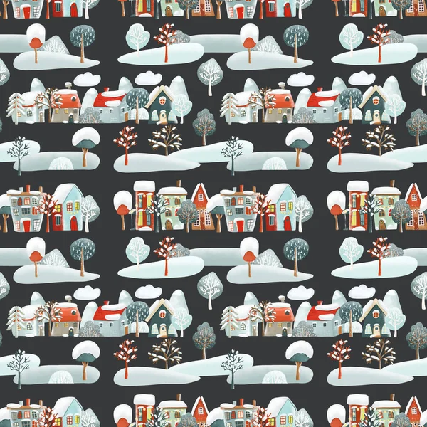 Seamless pattern of cute snowy winter houses and trees, cartoon winter landscape,  illustration on a dark background