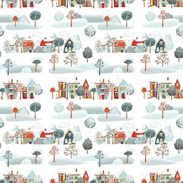 Απρόσκοπτη Μοτίβο Των Χαριτωμένα Χιονισμένα Χειμερινά Σπίτια Και Δέντρα Κινούμενα — Φωτογραφία Αρχείου