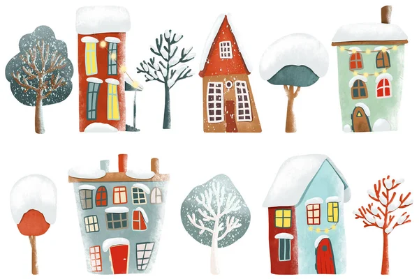 Set Cute Cartoon Snowy Winter Houses Trees Christmas Clipart Isolated - Stock-foto