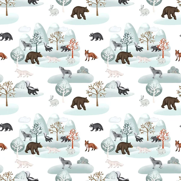 Seamless Pattern Woodland Animals Winter Forest Landscape Forest Cute Characters — Fotografia de Stock