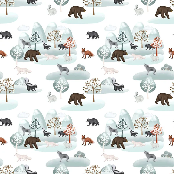 Seamless pattern of woodland animals in winter forest landscape, forest cute characters print, illustration on white background