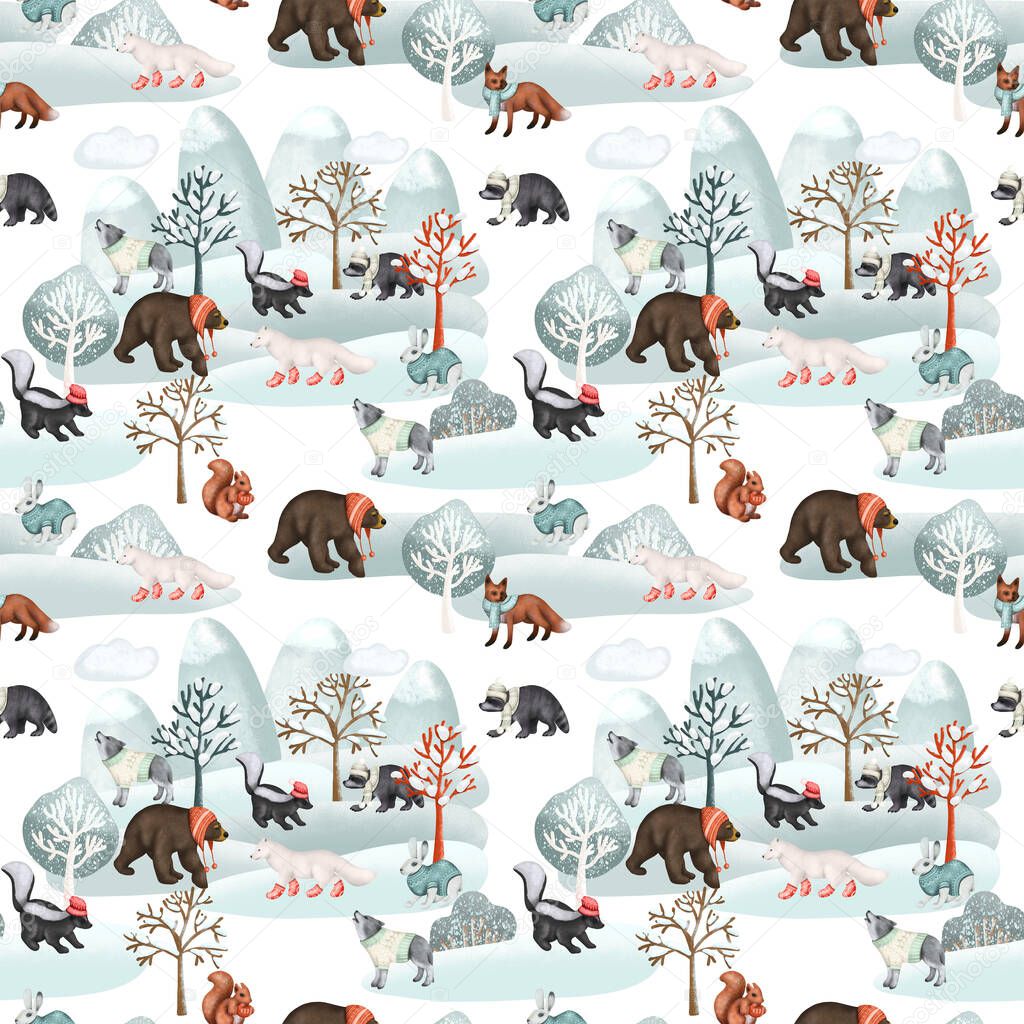 Seamless pattern of woodland animals in warm clothes in winter forest landscape, forest cute characters print, illustration on white background