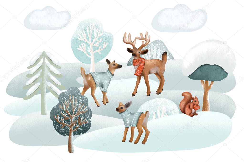 Illustration of deers in warm clothes in winter forest landscape, forest cute characters illustration on white background