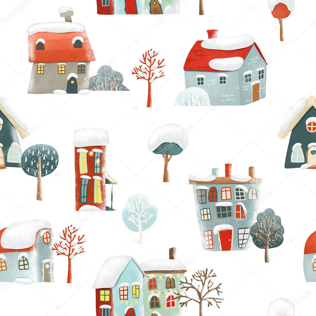 Seamless pattern of cute snowy winter houses and trees, illustration on a white background