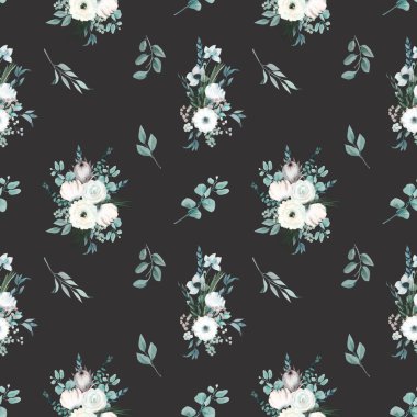 Beyaz çiçekler, okaliptüs ve çam dalları ile suluboya kış buketlerinin kusursuz deseni, koyu arkaplanda çizimler