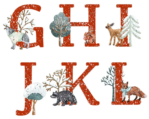 Zestaw Czerwonych Liter Zwierzętami Lasów Zimowych Alfabet Zwierząt Bożego Narodzenia — Zdjęcie stockowe