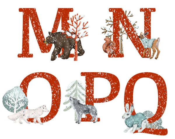 Zestaw Czerwonych Liter Zwierzętami Lasów Zimowych Alfabet Zwierząt Bożego Narodzenia — Zdjęcie stockowe