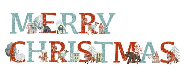 Προκατασκευασμένη Επιγραφή Καλά Χριστούγεννα Δασώδη Ζώα Και Χαριτωμένα Χιονισμένα Σπίτια — Φωτογραφία Αρχείου