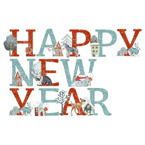 Pre-made inscription \'\'Happy New Year\'\' with woodland animals and cute snowy houses, Christmas cartoon letters, isolated illustration on white background