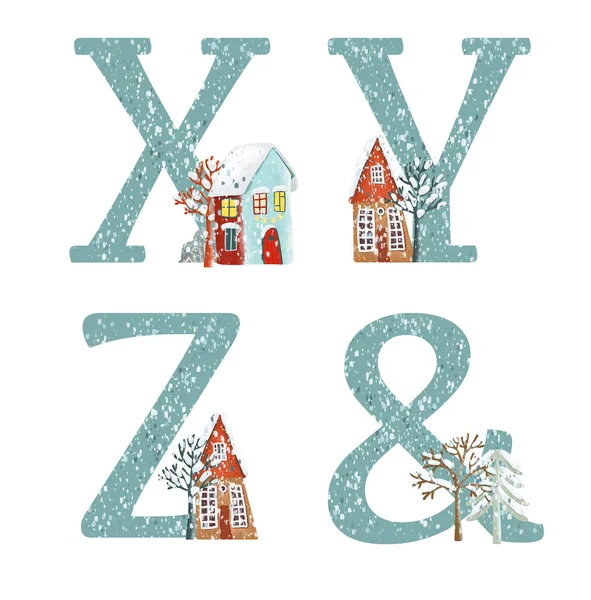 Zestaw Niebieskich Liter Zimowymi Śnieżnymi Domami Alfabet Bożego Narodzenia Odosobniona — Zdjęcie stockowe