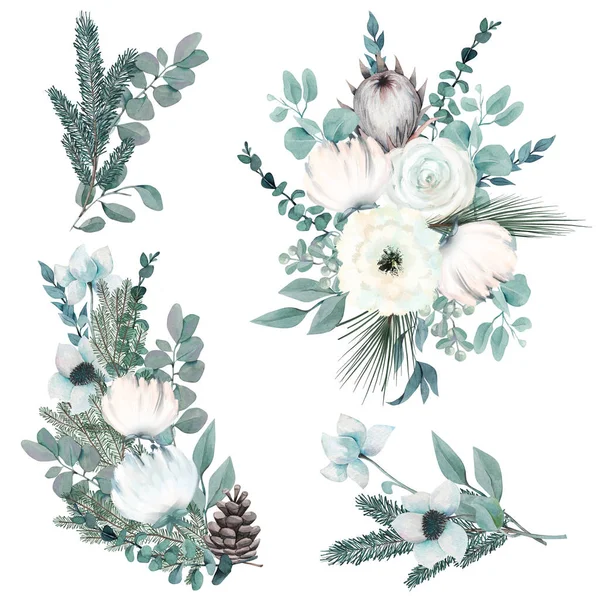Sammlung Von Aquarell Wintersträußen Mit Weißen Blumen Und Pflanzen Weihnachten — Stockfoto